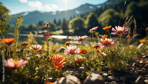 Vibrant meadow blossoms in the tranquil summer sunrise generated by AI