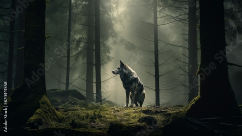 Lone wolf standing in a forest clearing, its howl resonating through the trees
