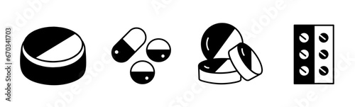Drug, pill icon vector black and white Illustration design for business. Stock vector.