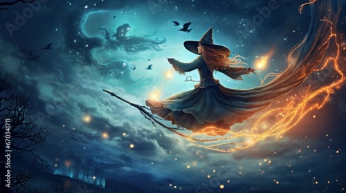Mysterious witch flying on a broomstick against a starry night sky, symbolizing the enchantment and folklore of Halloween