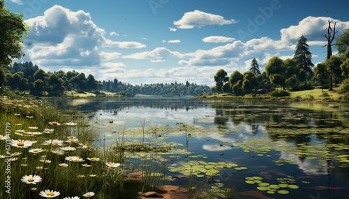 Tranquil meadow reflects blue sky, green trees, and yellow flowers generated by AI