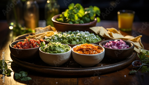 Fresh guacamole, a healthy, gourmet dip on a wooden table generated by AI