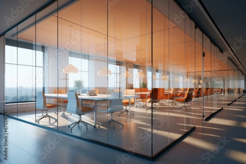 Office interior with glass partitions for privacy and natural light