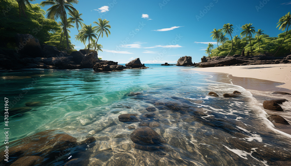 Tropical coastline tranquil waters, sandy beach, palm trees sway generated by AI