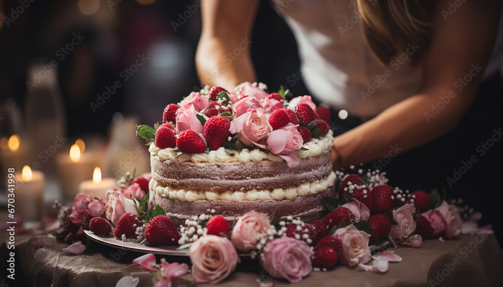 Women holding homemade birthday cake, celebrating with gourmet dessert generated by AI Women holding homemade birthday cake, celebrating with gourmet dessert generated by AI