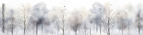watercolor white gray background autumn trees panoramic long narrow view landscape illustration light pastel tone