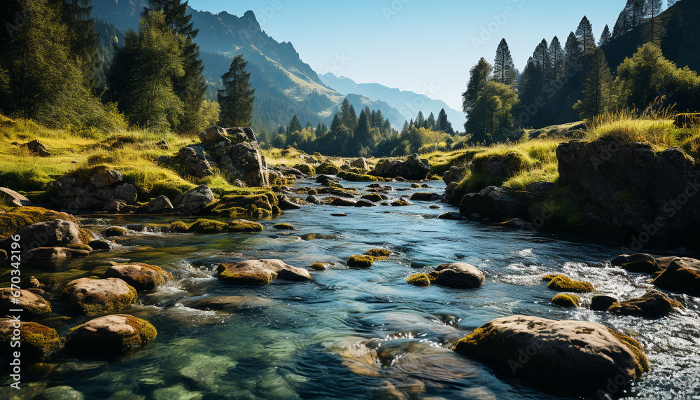 Majestic mountain peak reflects tranquil wave in serene wilderness generated by AI Majestic mountain peak reflects tranquil wave in serene wilderness generated by AI