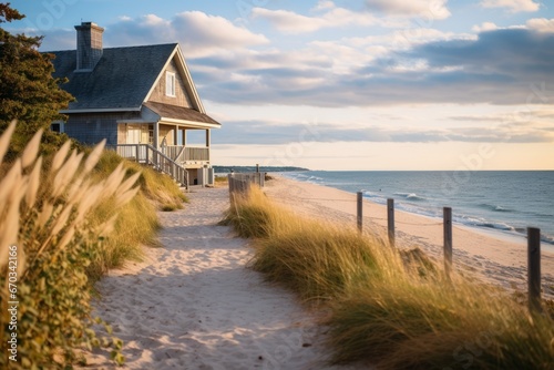 Sandy pathway leading to a charming beach house by the shore photo