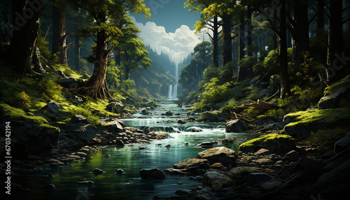 Tranquil scene green forest, flowing water, reflecting the sunset generated by AI