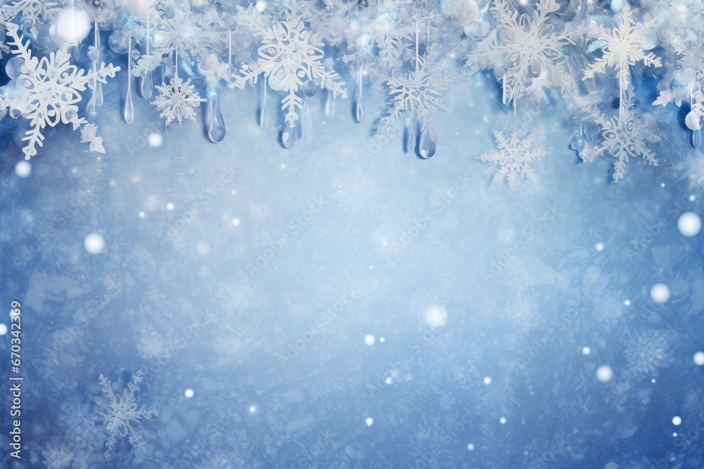 Sparkling silver and blue background with icy snowflakes and ornaments Sparkling silver and blue background with icy snowflakes and ornaments