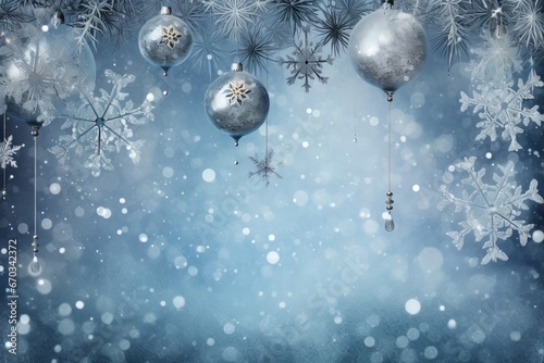 Sparkling silver and blue background with icy snowflakes and ornaments
