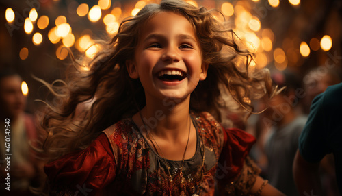 Young women enjoying a cheerful party, dancing under illuminated lighting generated by AI © Jemastock