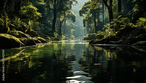 Tranquil scene nature beauty reflects in the flowing water generated by AI