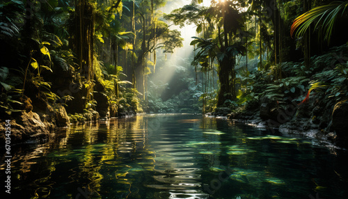 Tranquil scene tropical rainforest  reflecting pond  animals in the wild generated by AI