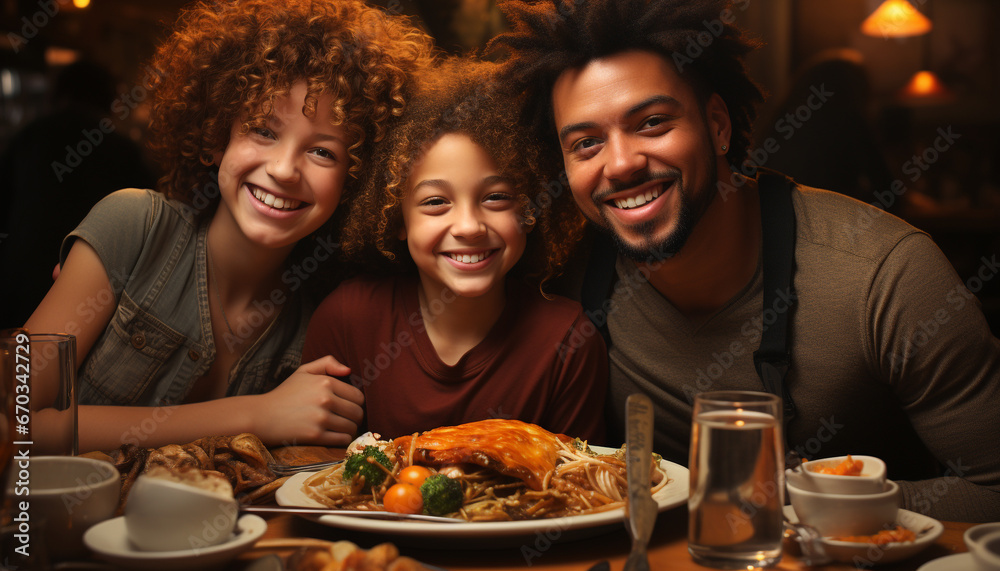 A happy family enjoying a meal, smiling and bonding together generated by AI
