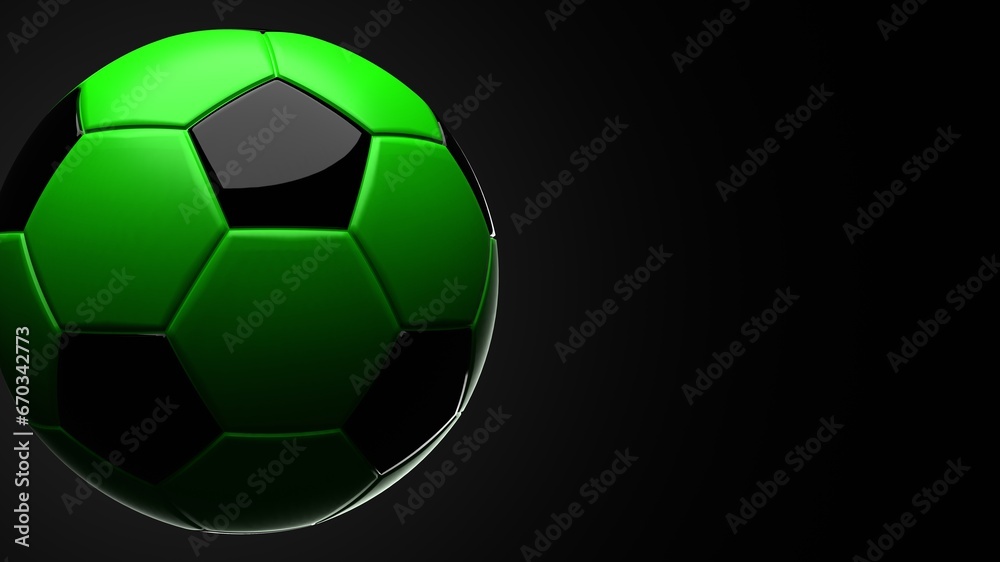 Obraz premium Green soccer ball on black text space. 3d illustration.