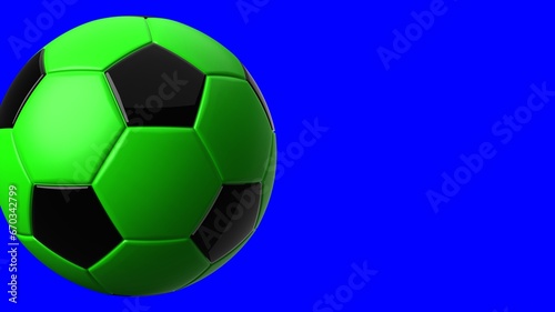 Green soccer ball on blue chroma key text space. 3d illustration. 