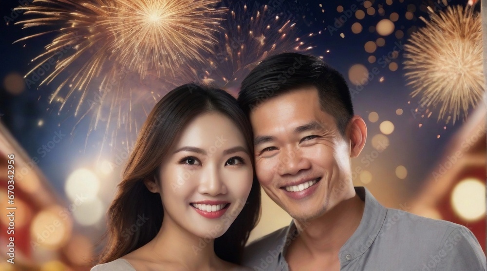 Portrait of a happy smiling asian couple against firework new year party background, background image, AI generated