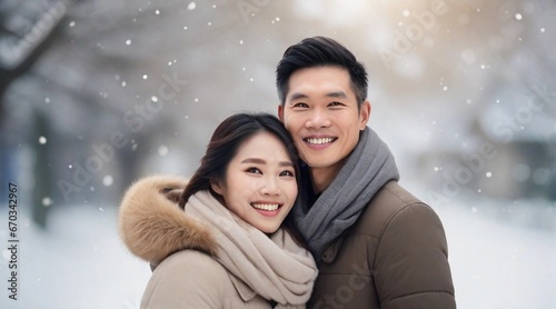 Portrait of a happy smiling asian couple against winter ambience background, background image, AI generated