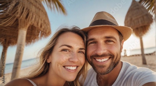 Selfie of a happy european couple against beach ambience background, background image, AI generated