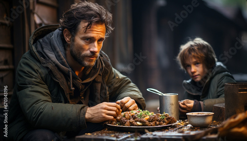 Father and son bonding over a meal outdoors, smiling and happy generated by AI
