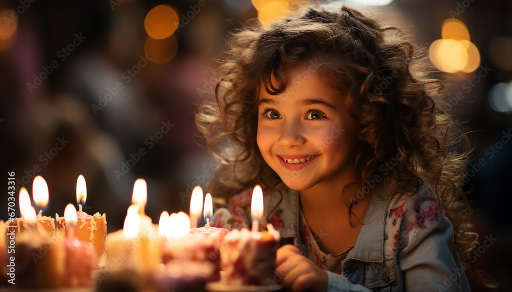Smiling child holds candle, radiating happiness in Christmas celebration generated by AI Smiling child holds candle, radiating happiness in Christmas celebration generated by AI