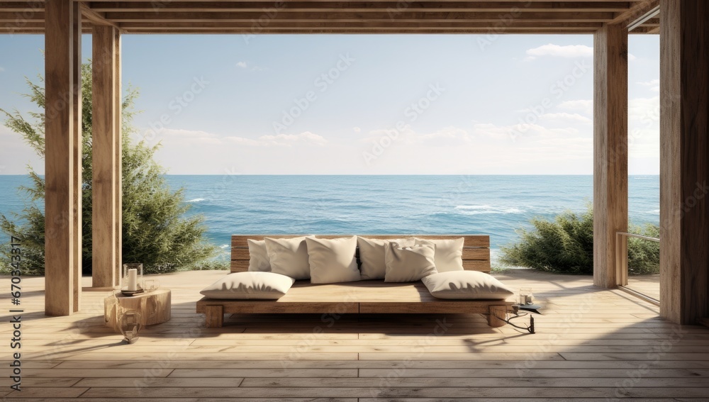 Wooden porch with couches and view of the ocean.