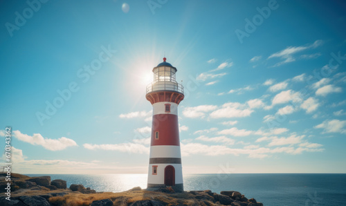 Close up of a lighthouse against a blue sky and sea