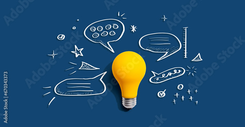 Brainstorming concept with a light bulb and speech bubbles - Flat lay