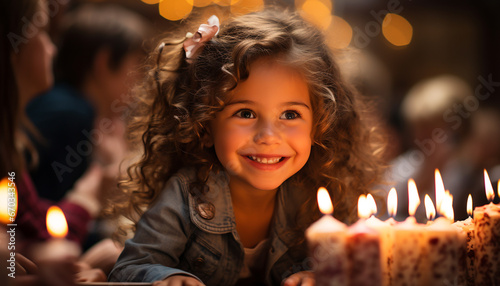 Smiling child enjoys candle flame, celebrating happiness and family generated by AI