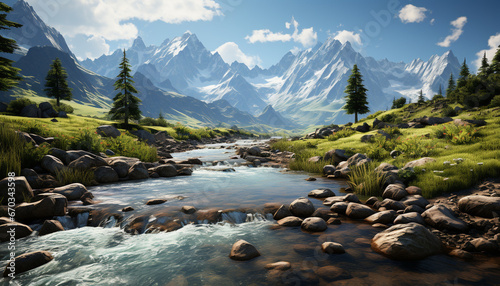 Majestic mountain peak reflects in tranquil flowing water generated by AI