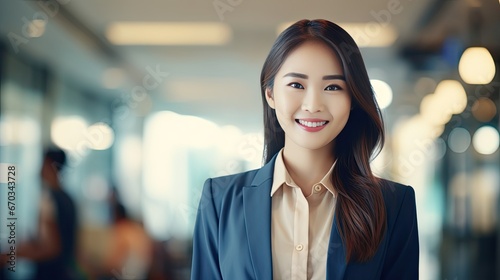 Beautiful young businesswoman looks at the camera, smile. Happy female standing in modern office, show self confidence.