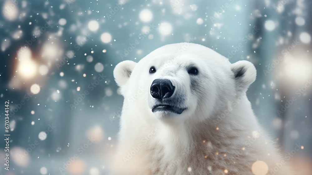 polar bear on Christmas background with lights and blurred bokeh, happy new year letterhead with copy space polar bear on Christmas background with lights and blurred bokeh, happy new year letterhead with copy space