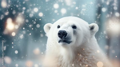polar bear on Christmas background with lights and blurred bokeh, happy new year letterhead with copy space