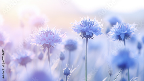 delicate blue flowers  soft pastels  cornflowers in the morning mist on a wild field