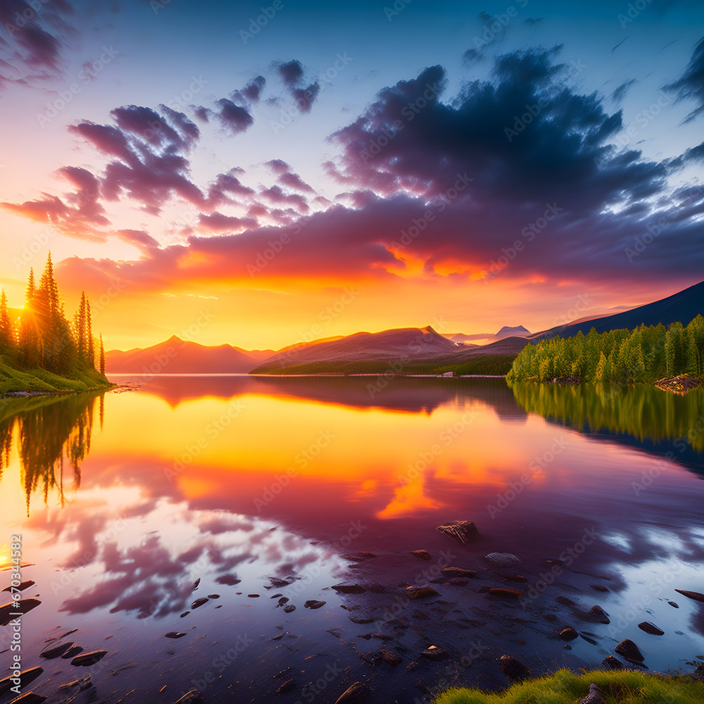 Majestic Sunrise over Tranquil Mountain Range and Reflective Lake

