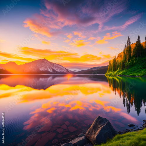 Majestic Sunrise over Tranquil Mountain Range and Reflective Lake 