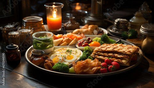 Grilled meat  fresh vegetables  gourmet bread on rustic wooden table generated by AI