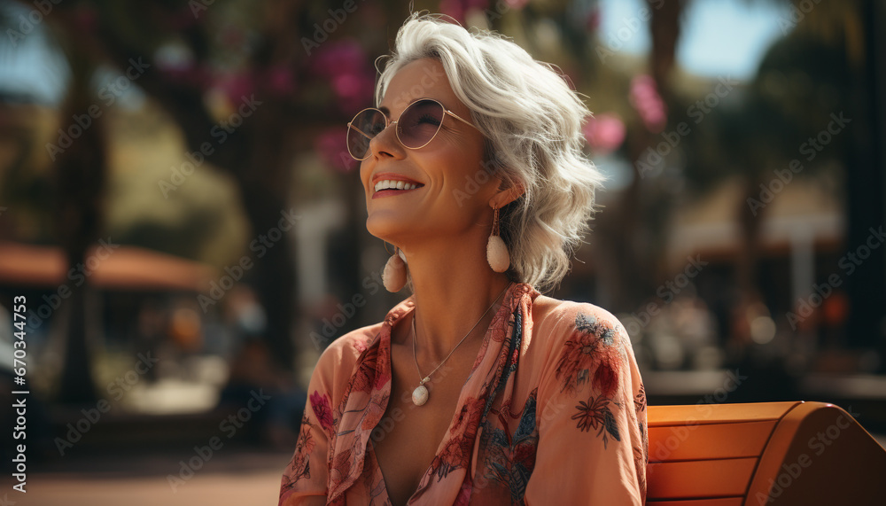One beautiful woman, smiling, enjoying nature, looking at camera generated by AI One beautiful woman, smiling, enjoying nature, looking at camera generated by AI