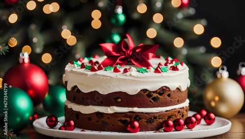Christmas cake decorated with sprinkles and holiday ornaments  served on a white plate with baubles  accompanied by a poinsettia  against a background of lights inside a house