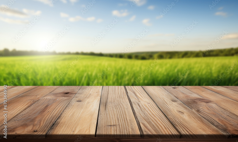 Empty wooden table top with grass field background Empty wooden table top with grass field background