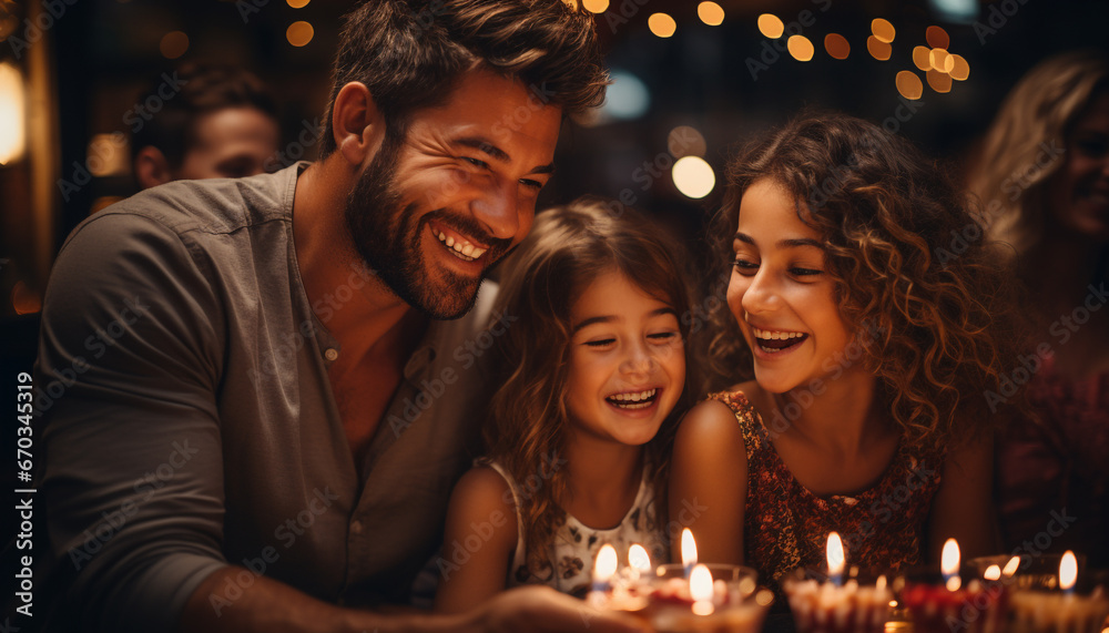 Smiling family bonding, enjoying Christmas lights, love and togetherness generated by AI