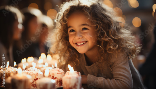 Smiling girl enjoys cheerful celebration, holding candle, surrounded by Christmas lights generated by AI