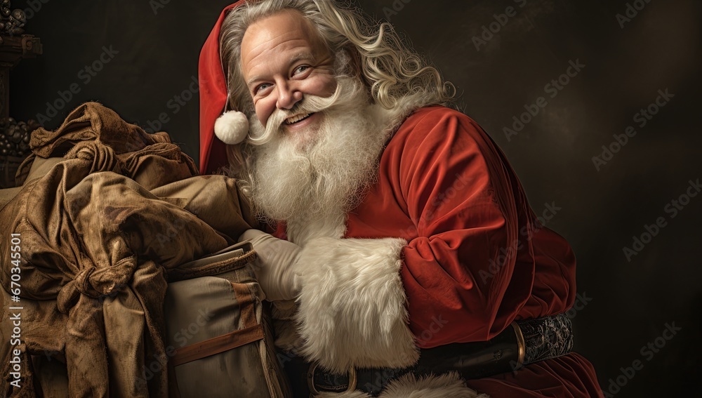 close up portrait of Santa Claus with gift parcel sack bag, Generative Ai close up portrait of Santa Claus with gift parcel sack bag, Generative Ai