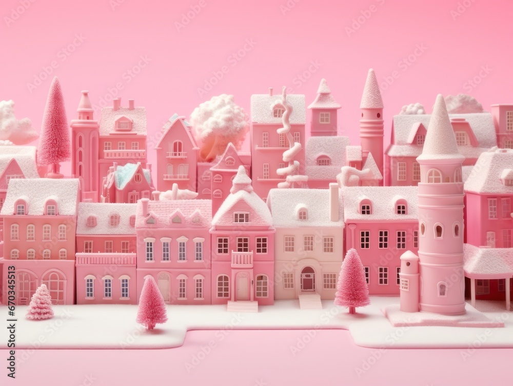 Pink small Village. Christmas decorations.