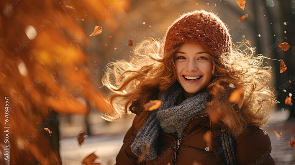 close up portrait of happy woman in autumn park, Generative Ai