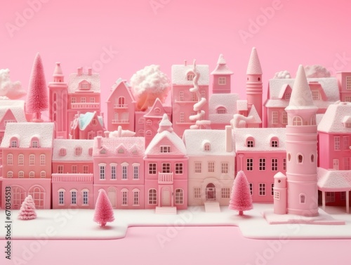 Pink small Village. Christmas decorations. © keystoker