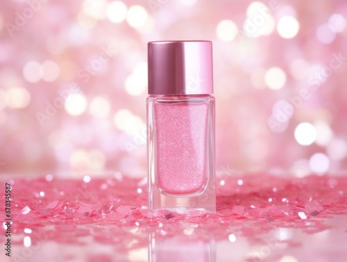 Glamorous background with glitter. Pink nail polish.