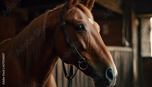 Beautiful chestnut stallion in a rural farm, looking at camera generated by AI © Jemastock