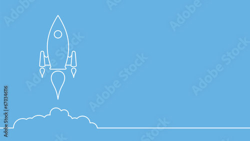Flat style line drawing rocket launch flying over clouds with copy space text area perfect for business and start up concept template